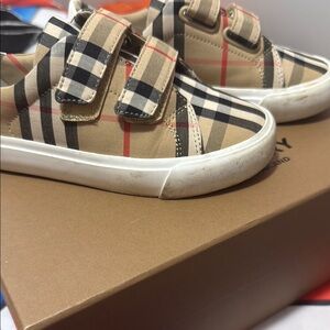 Burberry Tan and Black Slip-On Sneakers with Plaid Design